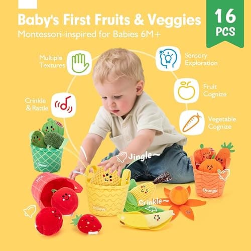hahaland Baby Sensory Toys - 16 PCS My First Fruit Vegetable Color Sorting Play Food with Crinkle, Rattle, Baby Toys 6-12 Months Montessori Toys for 1 Year Old Boy Girl Gifts Toddler Stocking Stuffers thumbnail 2