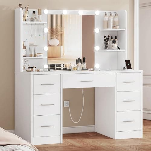 FIONESO Vanity Desk with LED Light Mirror & Power Outlet, 3 Adjustable Light Color, Makeup Vanity with 7 Drawers, 4 Shelves, 5 Jewel Hooks, White Vanity for Bedroom, Girls Vanity thumbnail 3