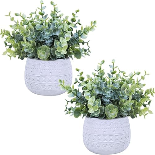 Winlyn Set of 2 Small Artificial Potted Plants Faux Eucalyptus Plant in White Geometric Ceramic Pots Small Desk Potted Plants 7.1" Tall for Home Office Room Decorations Wedding Greenery Centerpiece - Image 1