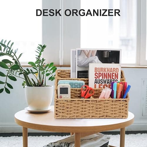 Oranwell Woven Mail Organizer for Desk Countertop, Desktop Mail Holder Sorter Storage Basket with Envelope Letter File Compartments thumbnail 4