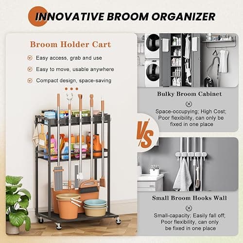 Broom Holder with Cleaning Supplies Organizer, Broom Closet Storage Cabinet with Mop Hanger Gripper Rack Hooks, Cleaning Housekeeping Janitorial Cart with Cleaning Caddy, Laundry Room Organization thumbnail 7