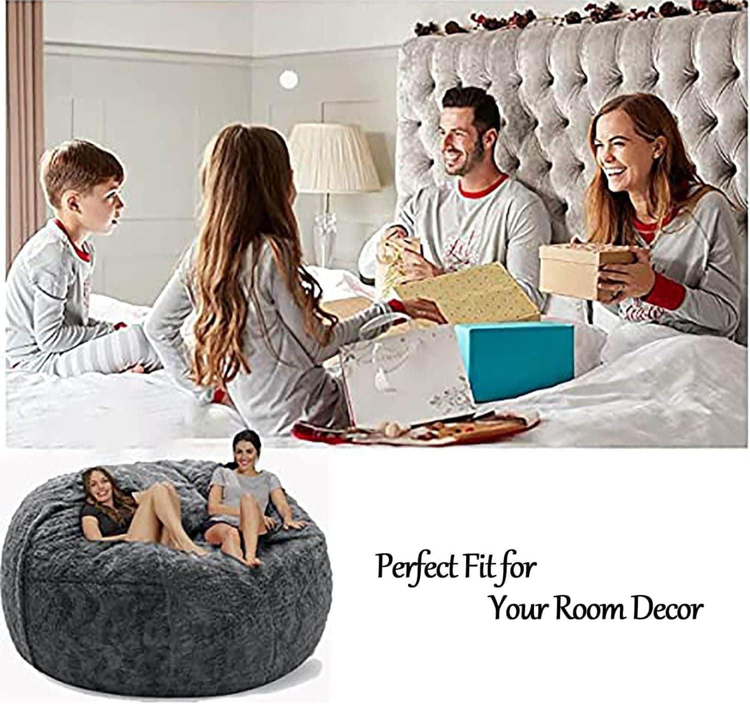 Giant Fur Bean Bag Adult Chair Living Room Furniture Large Round Soft Fluffy Faux Fur Bean Bag (No Padding) Lazy Bed Cover (Color:Black,Size:1.5m) thumbnail 3