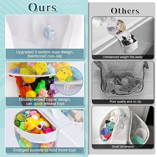 Dreamtop Saddle Shape 2 Compartment Bath Toy Storage Net, Bathroom Toy Storage Tidy, Mesh Bath Toy Organizer with Zipper for Drying Toys and Storage, Kids Bath Toy Organizer Bath Toy Net for Tub thumbnail 3