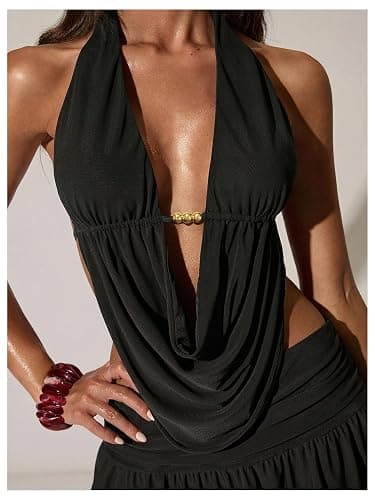 OYOANGLE Women's 2 Piece Set Summer Y2K Going Out Outfits Top Skirt Set | Rave Club Party Wear,Sexy Draped Halter Top and Mini Skirt, Summer Outfits thumbnail 6