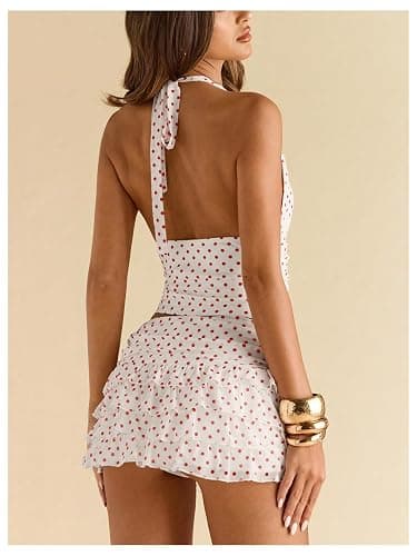 RoseSeek Women's Y2K Polka Dots Backless Halter Tops Sleeveless Ruched Fitted Low Cut Crop Top thumbnail 2