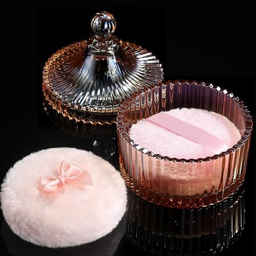 WSYUB Powder Puff & Crystal Container Set, Large Body Powder Puff and Container, Body Powder Container with Puff Valentine's Day gift, Amber Color Glass Jar - Image 1