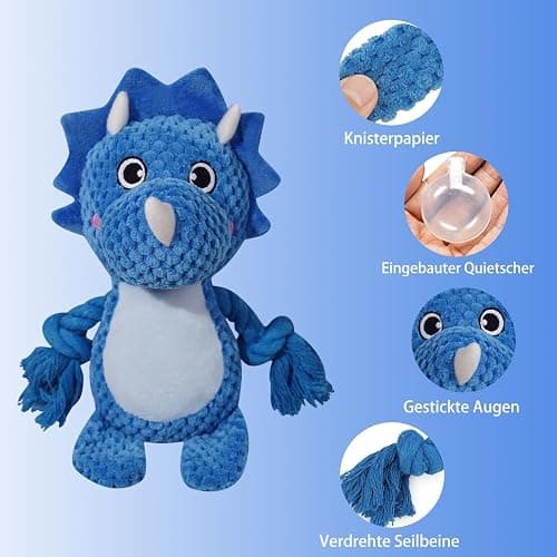 (1 Pack) Blue triceratops plush dog toy w squeaker thumbnail 3