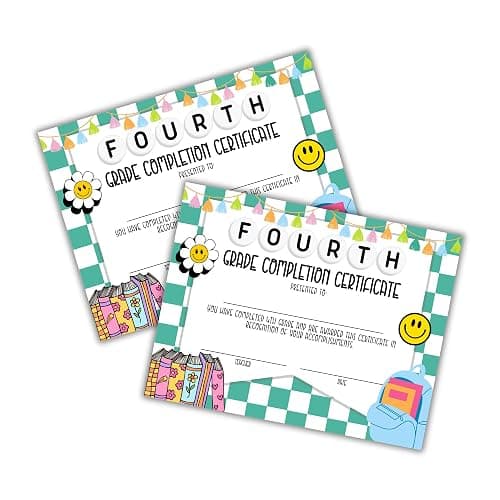 Fourth 4th Grade Certificate of Completion Graduation Diploma 30pk 8.5x11” 90’s Seed Friendship Bracelet Checkered Neutral Award Theme Trendy Minimalist - Image 1