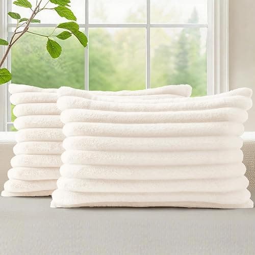 decorUhome Fall Cream White Faux Fur Throw Pillow Covers 12x20 Set of 2 | Velvet Decorative Pillow Covers, Fuzzy Striped Lumbar Cushion Covers Pillow Cases for Sofa Couch, Living Room Home Decor - Image 1