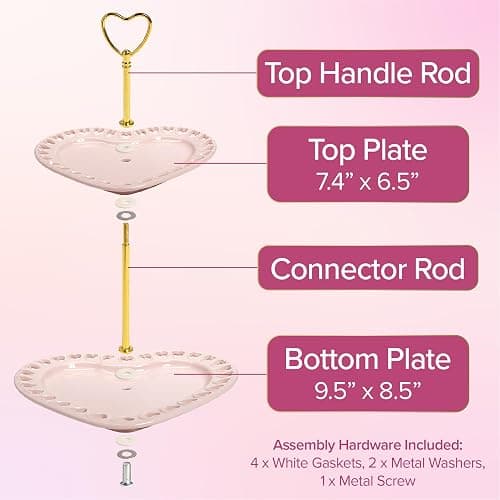Paris Hilton 2-Tier Heart Serving Tray, Iconic Ceramic Stoneware with Metal Handle, Easy Assembly for Stylish Display, 9-Inch and 7-Inch Plates, Pink thumbnail 7