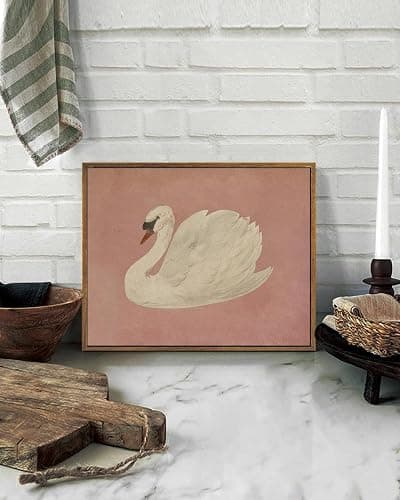 KISSFOX Framed Wall Art Vintage Wall Decor Pink Swan Pictures Retro Animal Canvas Art Rustic Aesthetic Paintings Farmhouse Artwork For Bedroom Living Room Kitchen thumbnail 2