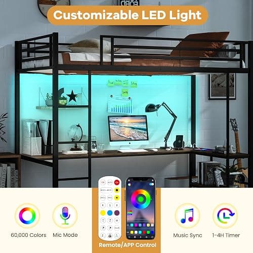 Giantex Twin Size Loft Bed with L Shape Desk, Metal Loft Bed with LED Lights, Charging Station & 2 Storage Shelves, Loft Bed Frame for Teens Adults Juniors w/Safety Guardrail, No Box Spring Needed thumbnail 4