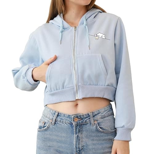 Wrenpies Cute Cropped Zip Up Hoodie for Teen Girls Cartoon Cat Graphic Kawaii Aesthetic Pockets Hooded Sweatshirts Jackets thumbnail 2