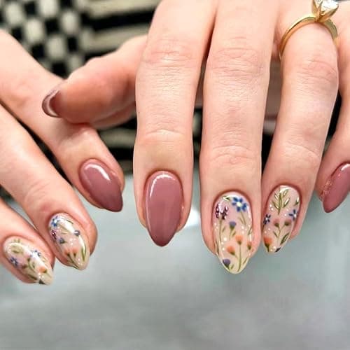 Almond Press on Nails Short Fake Nails Flower Glue on Nails Red Bean Paste Full Cover False Nails Press ons Glossy Acrylic Nails Artificial Stick on Nails for Women 24Pcs - Image 1
