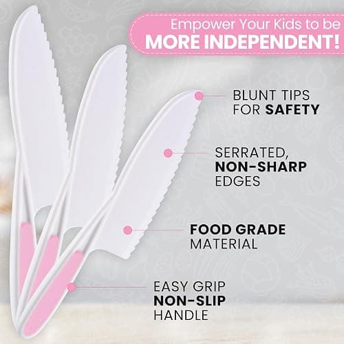 Zulay 3-Piece Kids Knife Set for Real Cooking & Baking - Toddler Knives for Cutting Fruits, Veggies, & Cake - Children’s Montessori Knife with Serrated Edges - Safe & Fun Lettuce Knife (Pink) thumbnail 4
