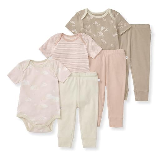 Burt Bees - 6Pk Baby Girl Organic Cotton Bodysuit & Pant Set, Ranunculus - Image 1