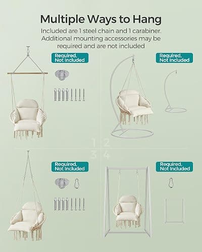 SONGMICS Hanging Chair, Boho Swing Chair with Large, Thick Cushion | Hammock Chair, Holds up to 264 lb, Accessories Included, Cream White, SOGNIA Collection, UGDC042M01V3 thumbnail 4