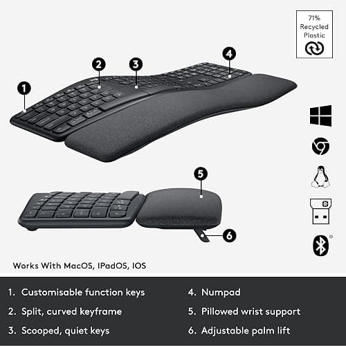 Logitech ERGO K860 Wireless Ergonomic Keyboard - Split Keyboard, Wrist Rest, Natural Typing, Stain-Resistant Fabric, Bluetooth and USB Connectivity, Compatible with Windows/Mac, Black thumbnail 6
