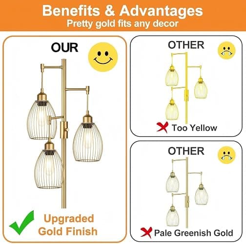 Dimmable Floor Lamp, Industrial Floor Lamps for Living Room, Gold Tree Lamp Standing Lamp Tall Lamps with 3 Elegant Teardrop Cage Head & 800 Lumens LED Bulbs for Living room Bedroom Office Dining Room thumbnail 3