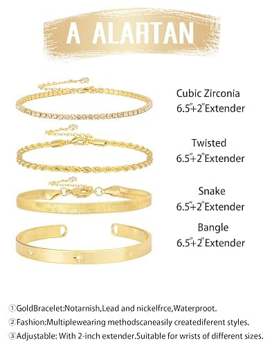Gold Bracelets for Women 14K Gold Plated Stack Trend Bracelets Charm Paperclip Chain Cuban Link Layered Waterproof Bracelet Dainty Bracelet for Women Jewelry Gifts thumbnail 3