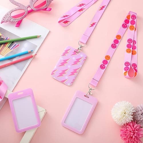 Lincia 4 Pack Preppy ID Badge Holder with Lanyard Preppy Lanyard with Clip Clasp Hard Card Case Pink Back to School Supplies Cool for School Decor for Women Girls Students Teachers Nurse Office Worker thumbnail 7