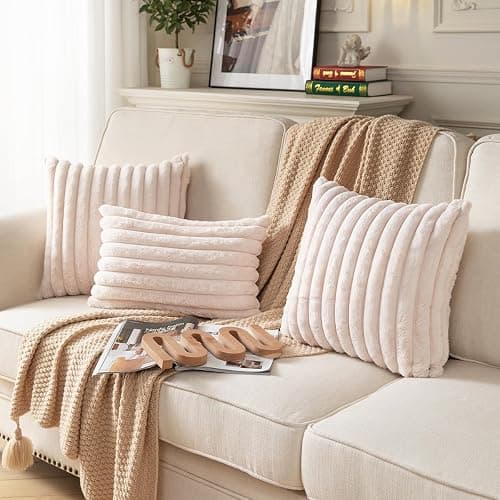 DEELAND Pack of 2,Double-Sided Faux Fur Plush Decorative Throw Pillow Covers Fuzzy Striped Soft Pillowcase Cushion Covers for Sofa Couch Bedroom Beige 16x16 inch thumbnail 2