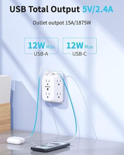 2 Pack Outlet Extender Surge Protector, HOPOW 6 Outlet Splitter with 4 USB Ports (2 USB C), USB Wall Charger, 3-Sided 1050J Multi Plug Wall Outlet, Wall Mount for Home Travel Office Travel, White thumbnail 4