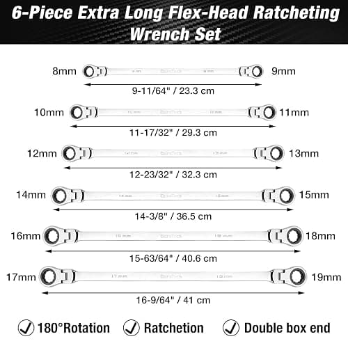 DURATECH Extra Long Flex-Head Ratcheting Wrench Set, Double Box End Wrench Set, 6-Piece, Metric 8-19 mm, CR-V Steel, with Pouch thumbnail 3