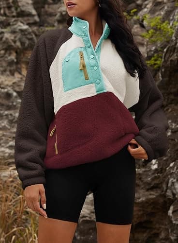 Yanekop Womens Fuzzy Fleece Pullover Sherpa Sweatshirt Long Sleeve Button Down Sweater Winter Fleece Jacket with Pockets thumbnail 3