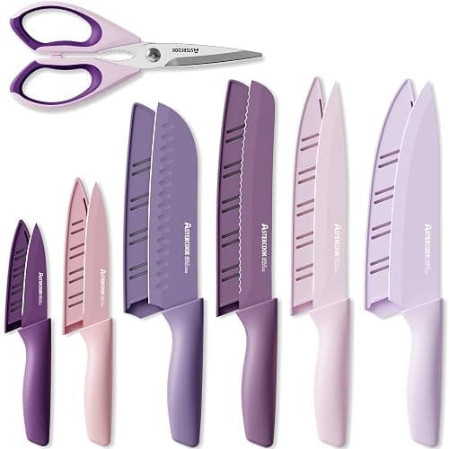 Astercook Knife Set, 13 Pieces Kitchen Knives Set with Healthy Anti-Rust Coating, Dishwasher Safe, Stainless Steel Chef Knife Sets with 6 Blade Guards, Perfect Holiday Gifts for Kitchen Purple - Image 1