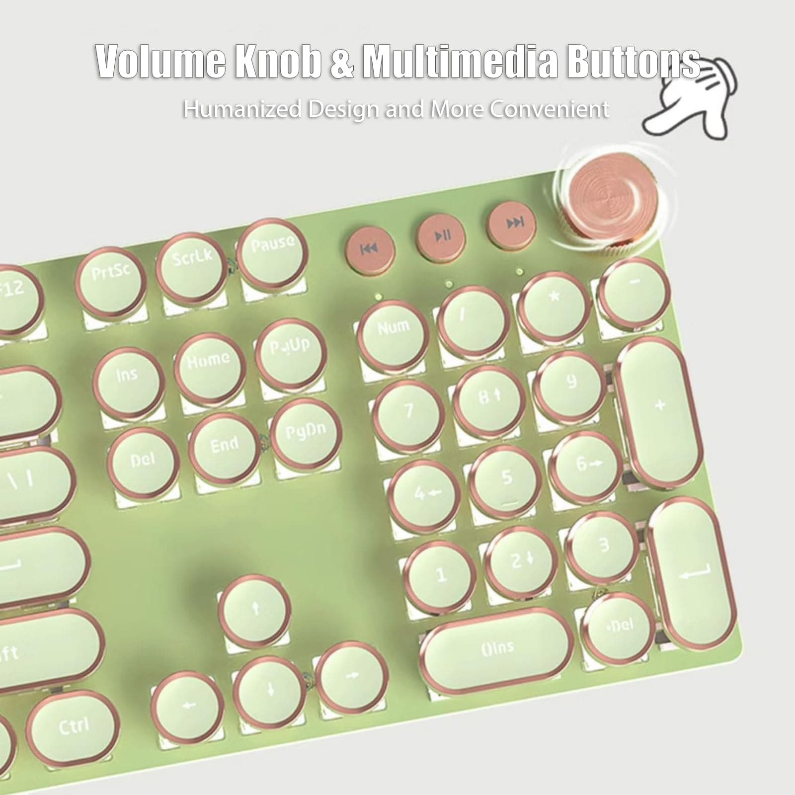 Typewriter Style Mechanical Gaming Keyboard White LED Backlit 104-Key NKRO Pink Switches Retro Round Keycaps Golden Ring Volume Knob Metal Panel Wired USB-C Detachable Cable, Matcha Green thumbnail 5