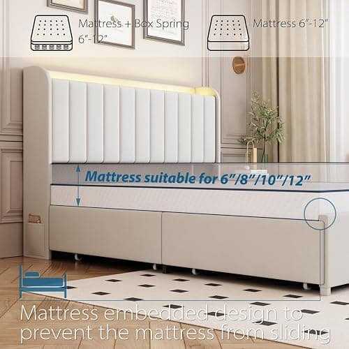 Queen Bed Frame with 4 Drawers and Storage Headboard, Upholstered Platform Bed Frame Queen Size with Led Lights and Handy Charging Station, No Box Spring Needed, Easy Assembly, Noise Free, Beige thumbnail 6