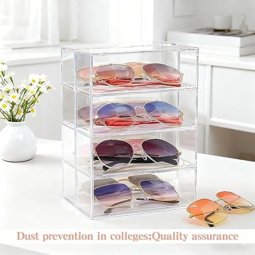 chunhai 2 Pack Sunglasses Organizer, Acrylic Eyeglass Case Clear Eyeglass Holder Eyewear Display Case with 4 Drawers for Women and Men, Jewelry Watch Storage thumbnail 2
