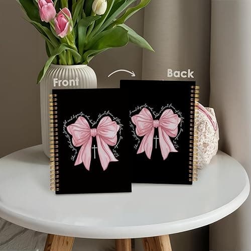 Wheatwin Prayer Journal for Woman, Christian Girl Energy Journal, Black Pink Cute Notebook, Pink Bow Coquette Stuff Notebook 5.5x8.3 - Proverbs 31:25 - Pink Bow thumbnail 5