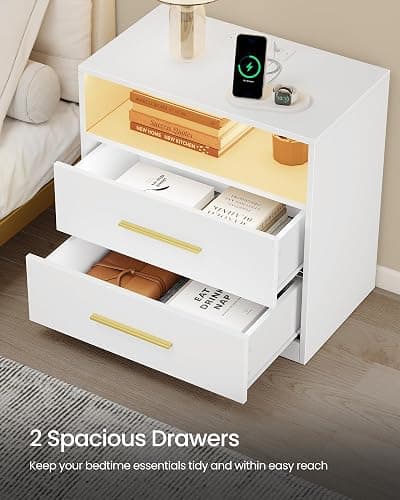 VASAGLE 23.6 Nightstands, LED Lights, Charging Station, 2 Drawers | Bedside Table, End Table for Bedroom, 23.6 x 13.8 x 24.1 inch, Cloud White, CUSTOS Collection ULET639WB01S thumbnail 6