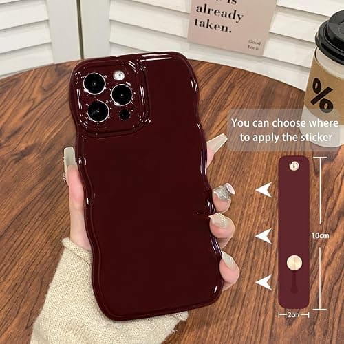 NITITOP Compatible with iPhone 15 Pro Max Case Cute Simple Wave Design Stylish Wavy Curly Frame with Wrist Adjustable Hand Strap Kickstand Grip Holder Soft Silicone Protective Cover - Wine Red thumbnail 3