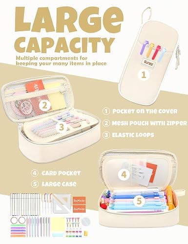 SUNEE Cute Pencil Case, Aesthetic Pen Pouch, Colored Large Pencil Bag with Zipper, Kawaii Stationery Storage and Organizer, School Supplies for Teen and Adult Girls, Beige thumbnail 4