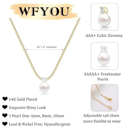 WFYOU Pearl Necklaces for Women Trendy 6MM 8MM 10MM Dainty Round Natural Freshwater Pearl Necklace Silver 14K Gold Plated CZ Pearls Necklaces for Women Birthday Bridesmaid Wedding Gifts Pearl Jewelry thumbnail 4