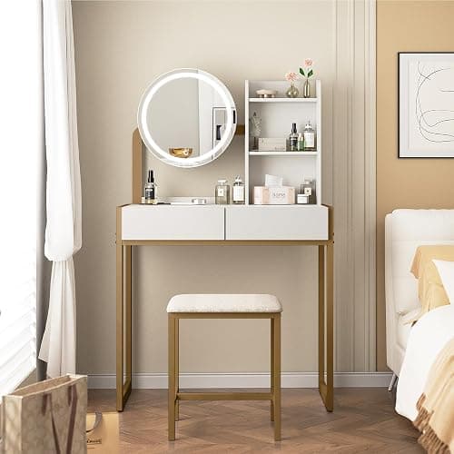 Small Vanity Desk with Mirror and Lights, Makeup Vanity Table with LED Mirror, 3 Lighting Modes, Power Outlet, Drawer, Open Shelves and Cushioned Stool for Bedroom (Gold) - Image 1