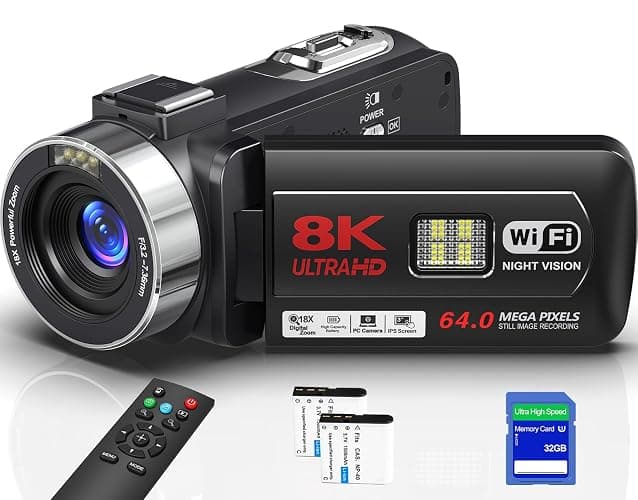 Yollner 8K Video Camera 64MP Camcorder IR Night Vision Vlogging Camera, 18X Zoom WiFi Digital Touch Screen Camcorder for YouTube with 32GB SD Card, Remote Control, and Two Batteries - Image 1