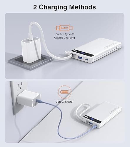 Power Bank with 2 Built-in Cables 10000mAh, 22.5W PD Slim Portable Charger USB C Battery Pack, Travel Essentials Fast Charging Powerbank Compatible with iPhone 17 16 Plus Pro Galaxy iPad White(1 Pack) thumbnail 4