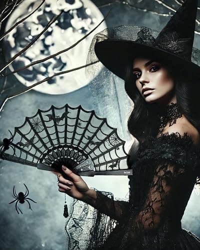 Kaitiaki Goth Folding Fan - Black Lace Handheld Fan with Spooky Spider Web Design, Gothic Accessories, Coffin Carrying Sleeve, High Airflow Fabric, Perfect for Halloween Costume thumbnail 2