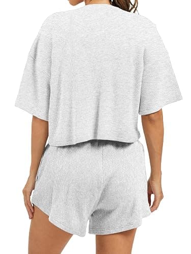 AnotherChill Women's Cropped Waffle Knit Lounge Set – Short Sleeve Henley Top and High Waisted Shorts 2 Piece Casual Outfit thumbnail 4