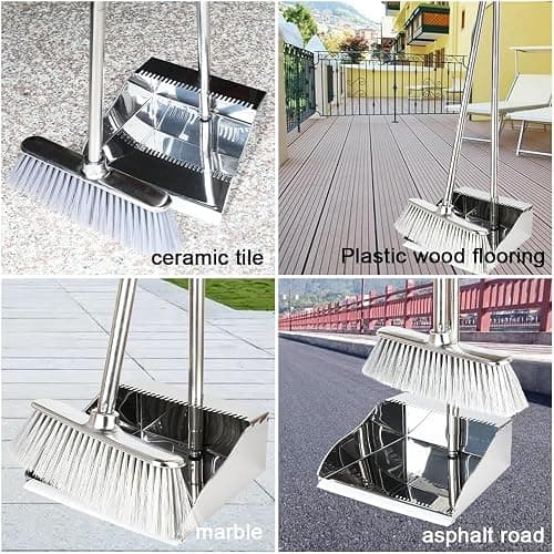 Metal Dustpan with Broom Set, Long Handle Stainless Steel Dustpan,Heavy Duty Standing Dust Pan with Teeth, Indoor Outdoor Up for Home Kitchen Lobby Room Office thumbnail 9