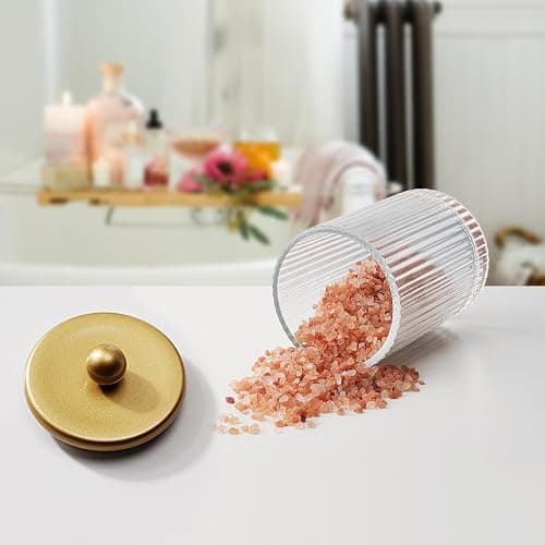 SheeChung 2 Pack Gold Ribbed Glass Qtip Holder with Metal Lids | Apothecary Jars Bathroom Organizer Countertop Vanity Canister Set for Cotton Swabs, Rounds, Floss Picks-Modern Luxury Decor thumbnail 5