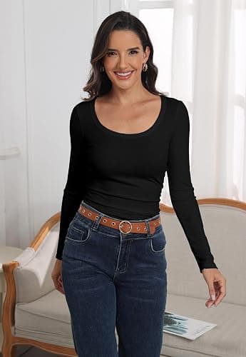 Roselux Womens Long Sleeve Scoop Neck Ribbed Knit Fitted Casual Tops Tee Slim Basic Shirts thumbnail 2