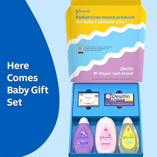 Johnson's Baby Here Comes Baby Gift Set, Baby Essentials for New Parents with Moisturizing Lotion, Bedtime Bath, Body Wash & Shampoo, Hand & Face Wipes, & Diaper Rash Cream, 5 Items thumbnail 3
