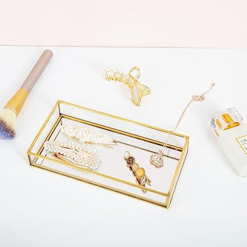 Feyarl Small Gold Clear Glass Perfume Tray Vanity Jewelry Trinket Rings Earrings Organizer Tray Collection Display Decorative Tray for Dressr Drawer Office Tabletop (7.87Inch) - 7.9" x 3.9" x 1.2" thumbnail 4