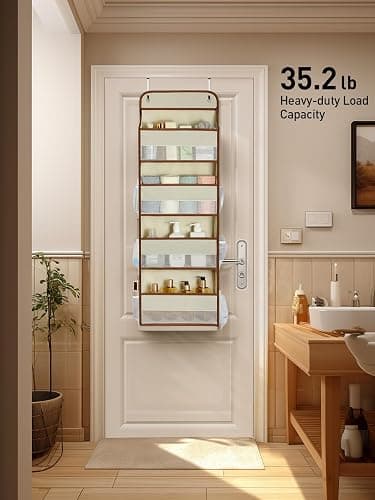 Yecaye Hanging Over the Door Organizer 1 Pack, 35.2lbs Load Toy Stuffed Animal Storage, Swing-proof Bathroom Organizers and Storage for Nursery Newborn Baby Essential Stuff Beige thumbnail 2