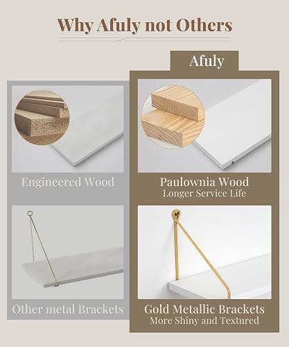 Afuly Floating Shelves for Wall, Metallic Gold White Wall Mounted Shelves, Shelves for Bathroom Kitchen Bedroom Solid Wood Metal Chic Bookshelf, Set of 2 thumbnail 4
